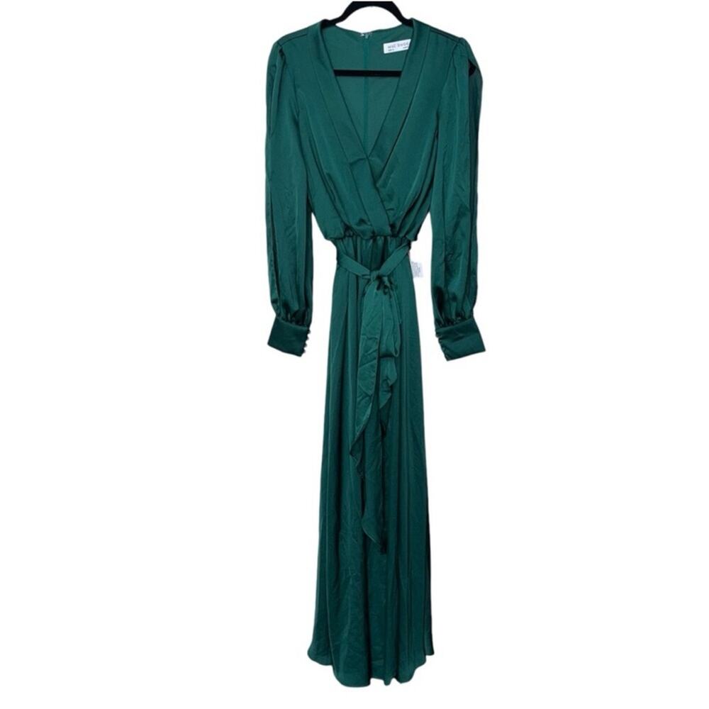 NWT MAC DUGGAL 49146 Deep Green Bishop Sleeve Faux Wrap Maxi Tie Waist Gown - Picture 2 of 11